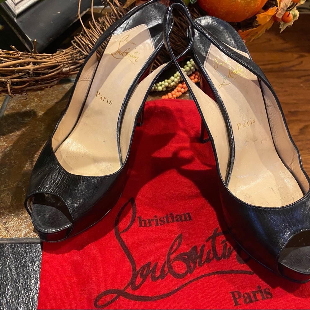 Louboutin black platform slingbacks with wooden stilettos w/Vibram protection